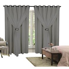 Cortina Corta Luz 4,00m X 2,70m 100% Blackout Com Voil Cinza Para Sala Ou Quarto Varão Simples