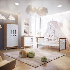 Quarto de Bebê Guarda Roupa 3 Portas Cômoda Fraldário Ariel Cama da Babá Júlia Branco Amadeirado Carolina Baby