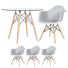Loft7, Mesa redonda Eames com tampo de vidro 100 cm + 3 cadeiras Eiffel Daw cinza claro