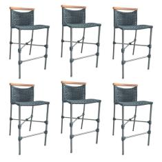 Kit 6 Banquetas Em Corda Náutica Base Em Alumínio Cinza Com Detalhe Em Madeira Cinza Cinza