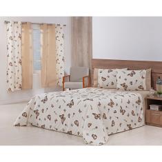 Jogo Lençol 4 Peças Cama Viúva 2,03mx1,20mx30cm 100% Algodão 180 Fios Ponto Palito Borboletas Cáqui