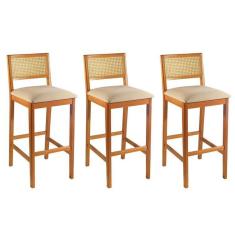 Kit 3 Banquetas Rattan com Pés em Madeira Maciça Ariel Cinamomo