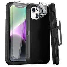 GYJ Capa para iPhone 15 Plus e iPhone 14 Plus, coldre com clipe de cinto de 6,7 polegadas com 2 protetores de tela + 2 protetores de lente de câmera, capa de telefone de grau militar resistente (preto
