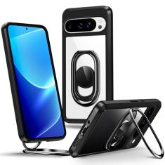 Shields Up Capa para Google Pixel 9 Pro XL com suporte, capa transparente para Pixel 9 Pro XL com suporte de anel duplo [ajustável e dobrável] capa protetora à prova de choque para Google Pixel 9 Pro