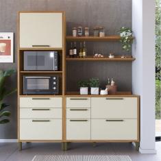 Cozinha Compacta 194cm com 3 Peças 2 Prateleiras e 1 Paneleiro 100% Mdf Vicenza Espresso Móveis Amêndoa/Off White