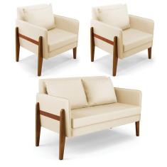 Kit 1 Sofá Namoradeira E 2 Poltronas Lana Corino Base De Madeira - D`Rossi Bege