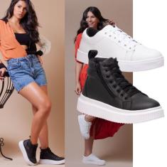 Kit Tênis Feminino Branco Casual E Bota Plataforma Preta Para Um Contr
