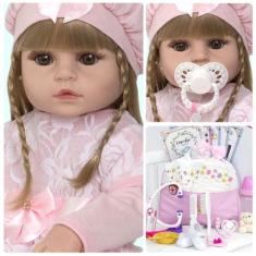 Boneca Reborn de Silicone Loira Pode Banho Conjunto Rosa - Cegonha Reb