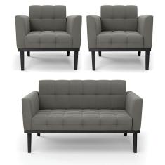 Sofá Namoradeira E 2 Poltronas Base De Madeira Preto Elisa Suede Grafite D03 - D'rossi