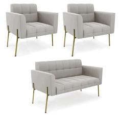 Sofá Namoradeira e 2 Poltronas Pé de Ferro Dourado Elisa Veludo Cinza D03 - D'Rossi