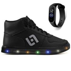 Tenis Infantil De Led Meninos Botinha Cano Alto Escolar Casual Basico + Relogio-Masculino