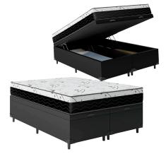 Cama Box Baú King 193 Tecido Sintético Preto Com Colchão One Face D33 - Bello Box - 58x193x203cm