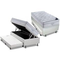 Cama Box Baú c/Auxiliar Solteiro: Colchão Molas Ortobom SuperPocket Freedom Visco + Base CRC Courano Branco(88x188)
