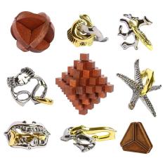 Conjunto de 9 peças de quebra-cabeças Brain Teaser Puzzles ActPo Retro de Madeira e Metal