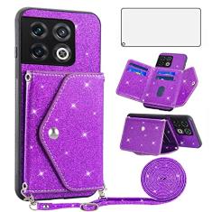 Asuwish Capa de telefone para OnePlus 10 Pro One Plus 10Pro 5G capa carteira com protetor de tela de vidro temperado e alça transversal cordão Bling Glitter cartão titular em 1 Plus 1 + Plus10 1+ Pro