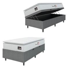 Cama Box Baú Colchão Solteiro Espuma D33 Vangogh Pillow Top 88x188x70cm Branco-Cinza Hellen Suporta até 120kg por Pessoa