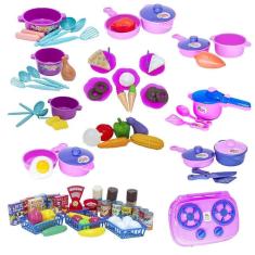 Cozinha infantil panelas fogão mercado doceria legumes 89pç
