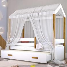 Cama Montessori Cabana com Auxiliar Solteiro e Dossel Branco - Mais de