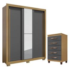 Guarda Roupa Solteiro Nevoa Flex 3 Portas de Correr com Espelho e Cômoda Cannes 5 Gavetas Carvalho Americano Grafite - Incorplac