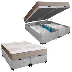 Cama Box Baú Casal Bipartido Suede + Colchão De Molas Ensacadas Portobel Ipanema 138x188x66cm Cinza