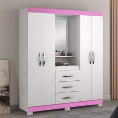 Guarda Roupa Casal Com Espelho 4 Portas 3 Gavetas E Nicho Capelinha Notável Móveis Branco New/rosa