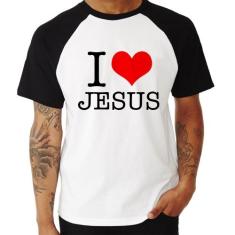 Camiseta Raglan I Love Jesus - Foca na Moda, Branco, Preto, G