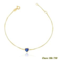 Pulseira Ouro 18K Adulto Coração De Zircônia 5mm 21cm - Azul Safira -