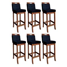 Kit 6 Banquetas Estofadas Alta com Encosto Milão 104 Cm Madeira Maciça Suede Preto CCS
