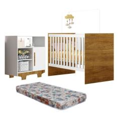 Quarto de Bebê com Berço com Colchão Suporte Life e Cômoda 100% Mdf 1 Porta 3 Prateleiras Flocos Branco/Madeirado Ypê