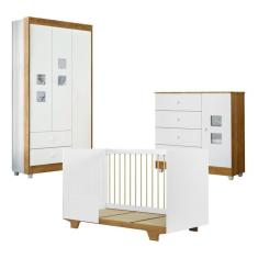 Quarto de Bebê Berço Mini Cama Flocos, Cômoda 1 Porta 4 Gavetas e Guarda Roupa 3 Portas 2 Gavetas Branco/Madeirado Ypê