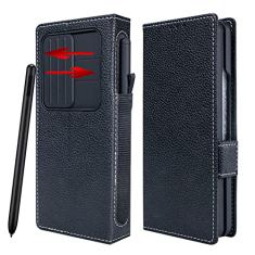 Gufiire Capa para Samsung Galaxy Z Fold 4 com suporte para caneta S, capa de câmera deslizante, capa carteira flip de couro genuíno, cartão solt, suporte, à prova de choque, compatível com S Pen Fold