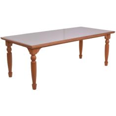 Mesa Atlanta 180x100 Em Madeira Maciça Amendoa Com Tampo De Vidro Off White Amêndoa