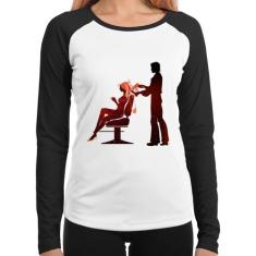 Baby Look Raglan Cabeleireiro Manga Longa - Foca na Moda, Branco, Pret