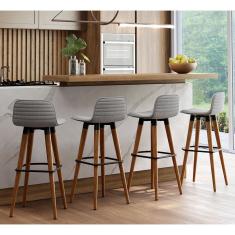 Kit 4 Banquetas Altas Luxo Linea Aço Preto Assento Linho Cinza Base Carvalho Unidecor
