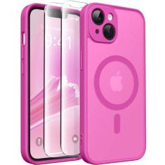 CAPRARO Capa magnética para iPhone 14, [compatível com MagSafe] [proteção total da câmera] Capa protetora à prova de choque fina translúcida fosca para iPhone 14 de 6,1 polegadas, rosa choque