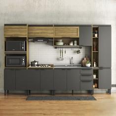 Cozinha Modulada 6 Peças 2 Aéreos 2 Balcões 1 Paneleiro e 1 Torre Quente  Magnólia Mel/Grafite