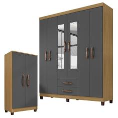 Guarda Roupa Casal Modena Com Espelho 6 Portas E Multiuso Recife Carvalho Americano Grafite - Incorplac