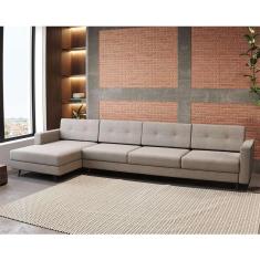 Sofá 4 Lugares Living com Chaise Esquerdo Pé Palito Linho Cotton Cru