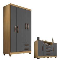 Guarda Roupa Solteiro Modena 4 Portas e Cômoda Madri Carvalho American