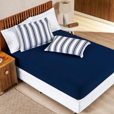 Jogo Cama Lençol Daily Casal Padrão Malha 100% Algodão Listrado 3 Peças - Azul Marinho