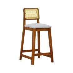 Banqueta Gabi Madeira Maciça Encosto Telinha C- 68cm Altura - Amêndoa Assento Estofado Linho Bege Mescla Impermeável