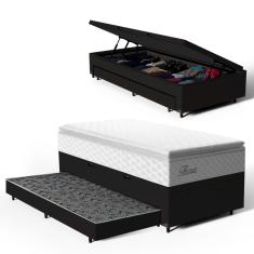 Cama Box Baú com Colchão de Molas Ensacadas Pillow Top Flora + Auxiliar Unique Solteiro 88cm