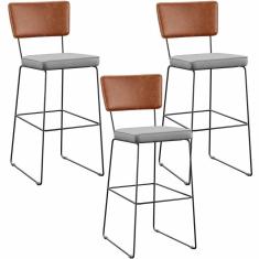 Kit 03 Banquetas Altas Camel Linho Cinza