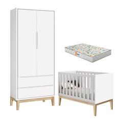 Berço Americano e Guarda Roupa 2 Portas New Classic Branco com Pés Madeira Natural e Colchão Gazin - Reller 