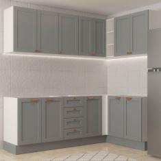 Cozinha Modulada 6 Peças sem Tampo 3 Armários Aéreos e Nichos, 3 Balcões Cabecasa Madeiramadeira Cinza/Branco