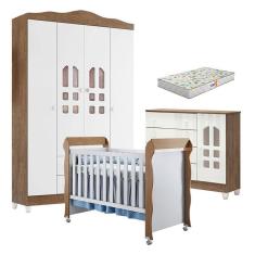 Quarto de Bebê New Selena 4 Portas com Cômoda Selena e Berço Mirelle Branco Acetinado Amadeirado e Colchão Gazin – Carolina Móveis