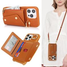 Lipvina Capa para iPhone 14 Pro Max com suporte para cartão e alça - Bolso com zíper, alça transversal, suporte para cartão de crédito, anel de suporte, linda capa carteira de telefone para mulheres