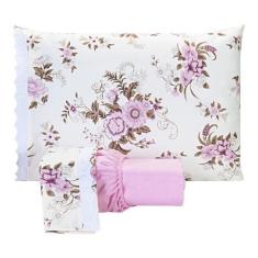 Jogo De Lençol Estampado Casal Padrão 03 Peças Flores Rosa - Bordados 
