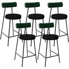 Kit 05 Banquetas Baixa Bar Cozinha E Sala De Jantar Milão L02 Facto Verde Linho Chumbo - Lyam Decor