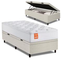 Cama Box Baú Colchão Solteiro Molas Ensacadas Real 88x188x68cm Linho Branco Inducol - Suporta até 130kg por Pessoa
